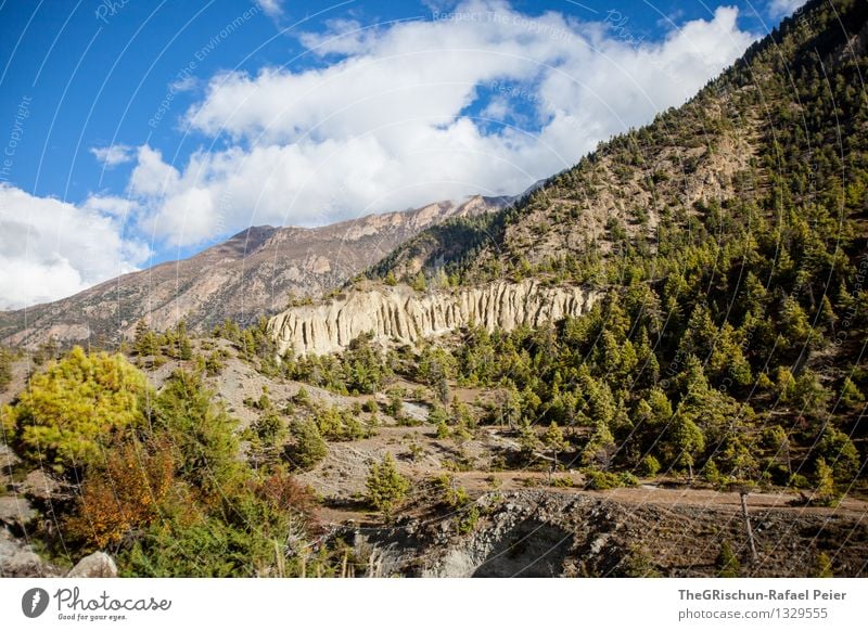 mountain world Environment Nature Landscape Blue Brown Multicoloured Yellow Green Black Mountain Forest Coniferous forest Nepal Travel photography Rock Sky