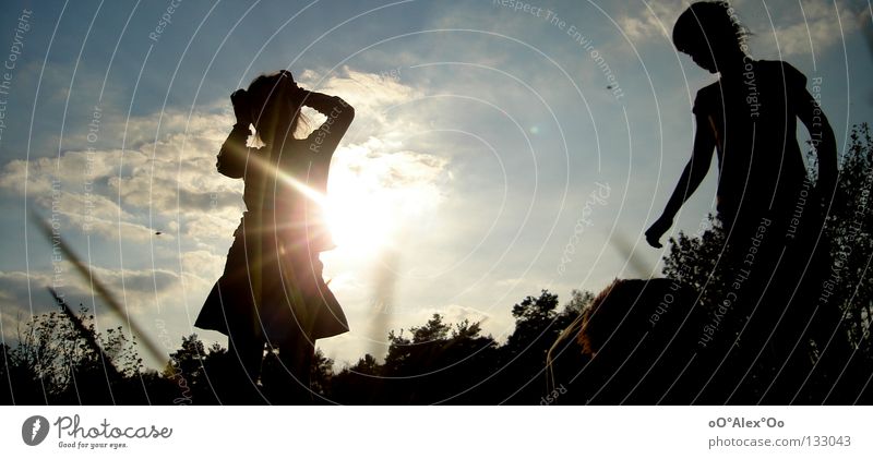 girl Joy Playing Child Human being Girl Friendship Sky Grass Emotions Perspective Sunset Evening Light Looking