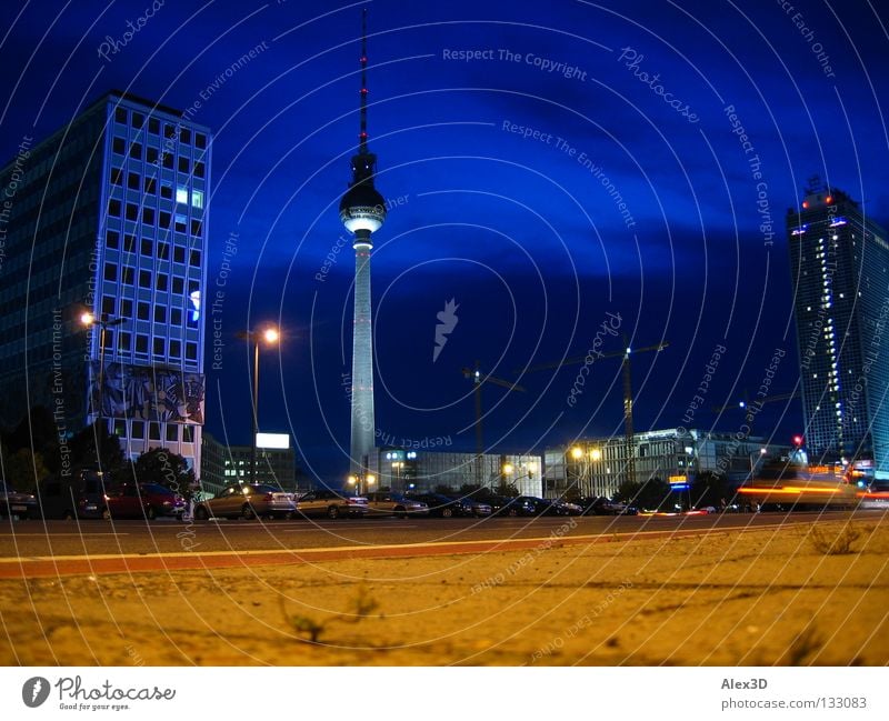 Alex is blue Alexanderplatz Night High-rise Construction site Landmark Monument Blue television alex Berlin Sky Geweg plates