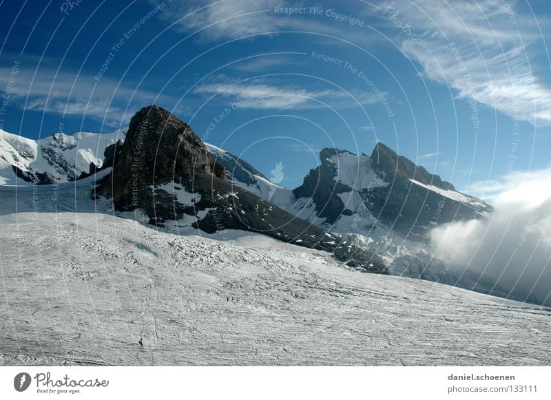 over the glacier Clouds Peak Go up Dramatic Black White Switzerland Bernese Oberland Light Back-light Mountaineering Dangerous Leisure and hobbies Endurance