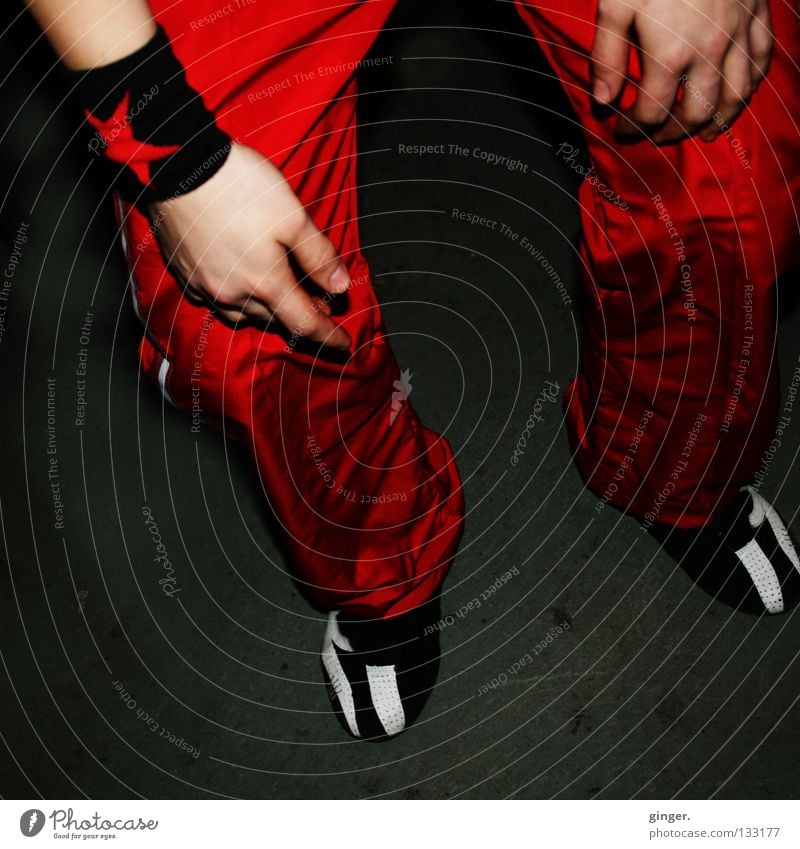 Red trousers Skin Party Club Disco Dance Hand Legs Feet Pants Footwear Glittering Dark Star (Symbol) Floor covering Bracelet Tracksuit bottoms Sneakers