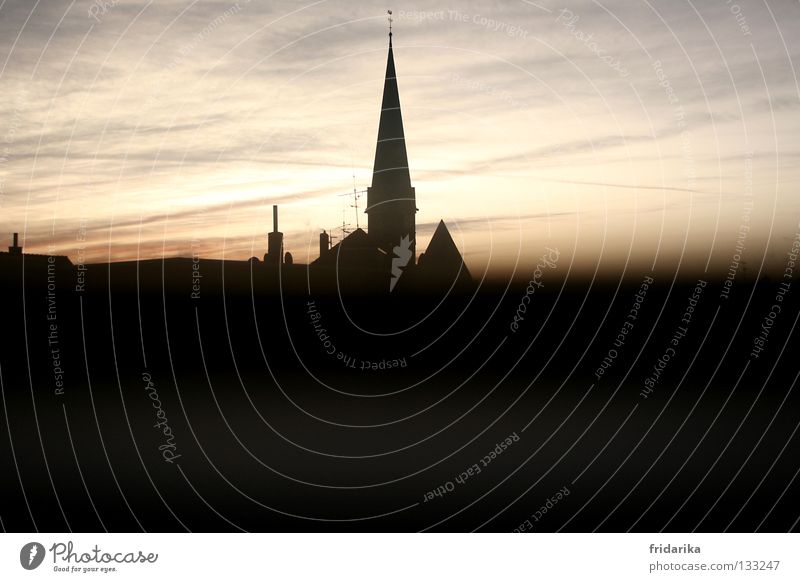 twilight House (Residential Structure) Sky Clouds Weather Building Roof Chimney Dark Sharp-edged Bright Point Black White Triangle Church spire House of worship