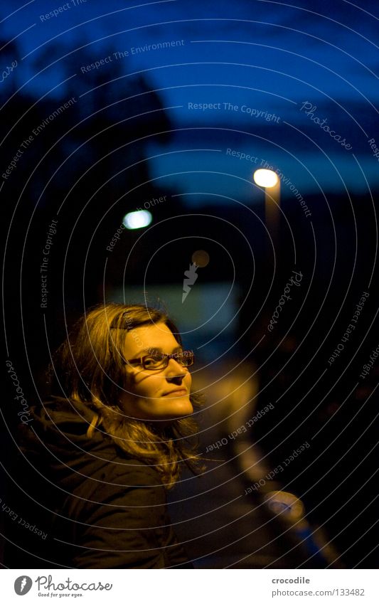 night portrait Night Street lighting Light Portrait photograph Woman Lady Eyeglasses Jacket Dark Eerie Expectation Lips Traffic infrastructure Beautiful Evening