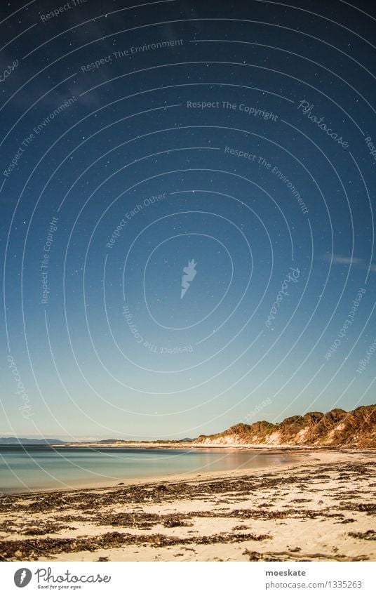 Southern sea at night Environment Landscape Elements Earth Sand Water Cloudless sky Night sky Stars Horizon Winter Beautiful weather Hill Coast Beach Bay Blue