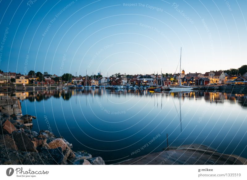 The bay Water Bay Baltic Sea Öregrund Sweden Fishing village Port City Deserted Blue Calm Watercraft Reflection Light Colour photo Exterior shot Copy Space top