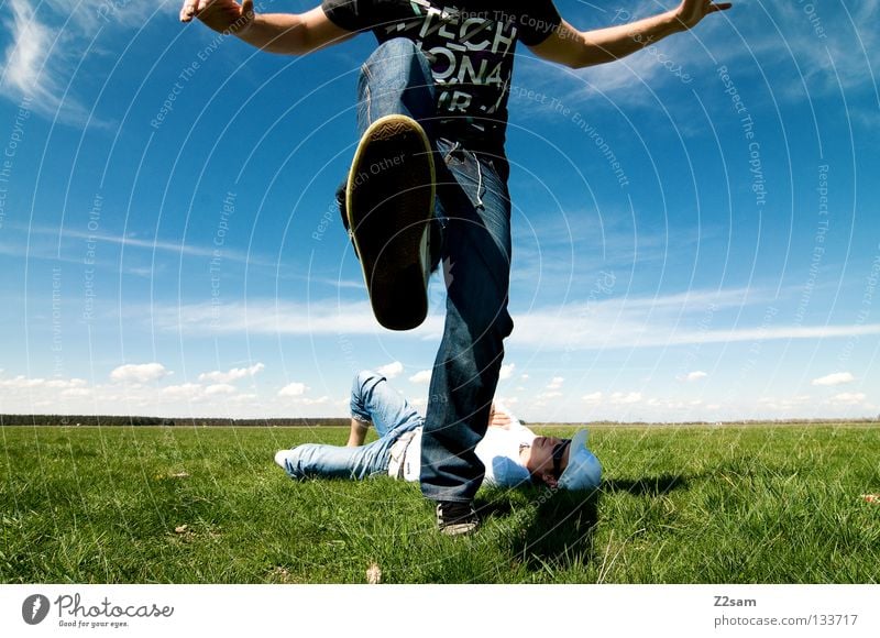 freakout sunday III Relaxation Action April Baseball cap To enjoy Grass Green Light blue Man Masculine Cap Rest Sky Summer Sunday Jump Style White Meadow Clouds