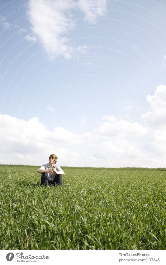 F R E E D O M Grass Green Sky Clouds Unprocessed Stick Image (representation) Flower Yellow Shirt Joy freedom canon EOS 400D Blue heaven Human being