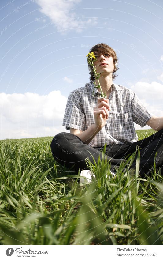 freedom 2 Grass Green Sky Portrait photograph Clouds Unprocessed Stick Image (representation) Flower Yellow Shirt Joy Concentrate canon EOS 400D Blue heaven