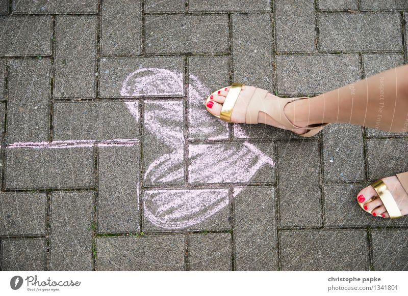 don't trample on it Feminine Feet 1 Human being Footwear Stone Heart Going Love Stand Cute Eroticism Infatuation Romance Chalk Chalk drawing Sandal Nail polish