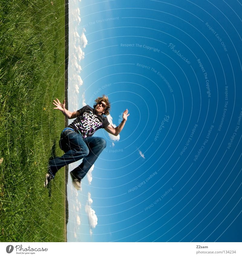 falling To fall Inverted Rotated Across Action April Baseball cap Relaxation To enjoy Grass Green Light blue Man Masculine Cap Rest Salto Sky Summer Sunday Jump