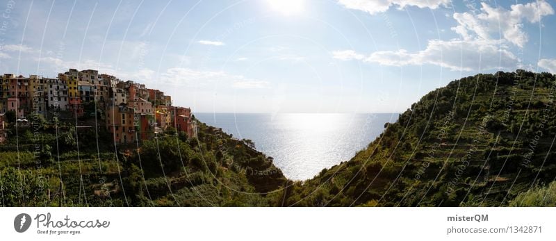 Mountains & Cliffs. Village Fishing village Small Town Old town Skyline Esthetic Landscape Italy Tuscany Multicoloured Facade Cladding Green facade