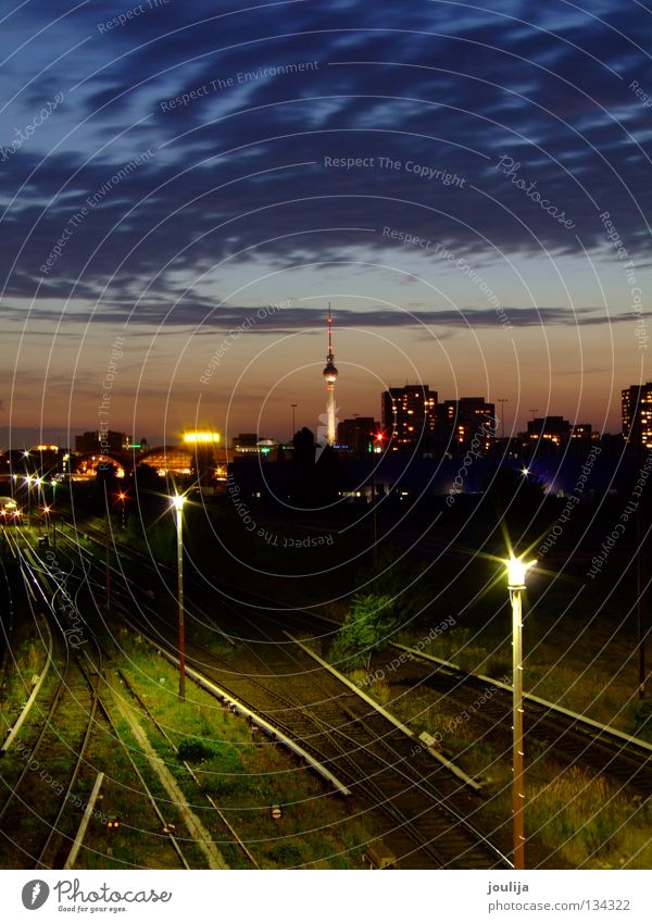 warschauer strasse Lamp Sky Berlin Germany Town Downtown Skyline Train station Bridge Railroad Commuter trains Railroad tracks Dark Above Blue Sunset Warsaw Str