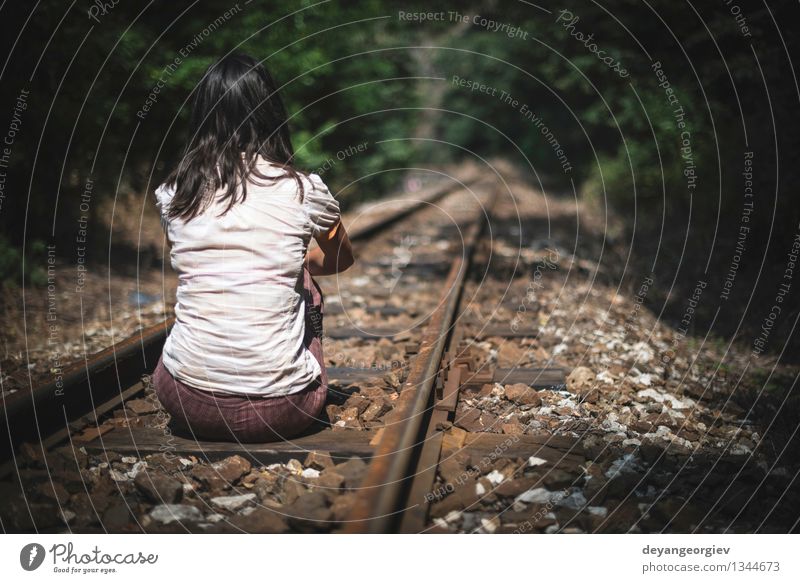 Women sitting on railroad Beautiful Life Vacation & Travel Tourism Trip Summer Human being Girl Woman Adults Transport Street Railroad Fashion Line Sadness