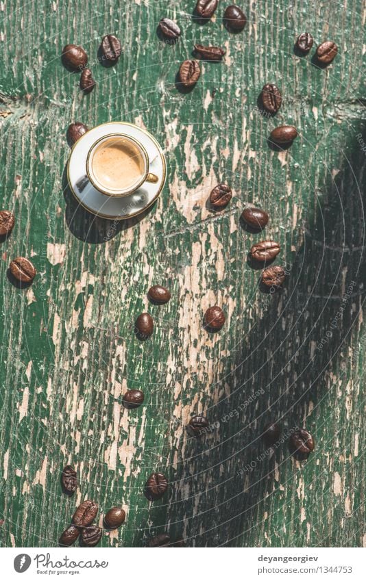 Cup of coffee on wooden table Coffee Espresso Desk Table Old Fresh Hot Small Retro Brown Black cup Miniature Top Café drink Vantage point Caffeine mug food