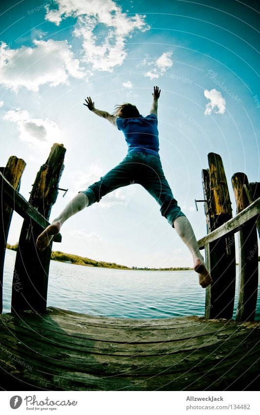 Jumps in the air (1) Lake Footbridge Man Masculine Dark Back-light Clouds Beautiful weather Summer Hot Swimming & Bathing Hop Fisheye Beginning Go up Joy