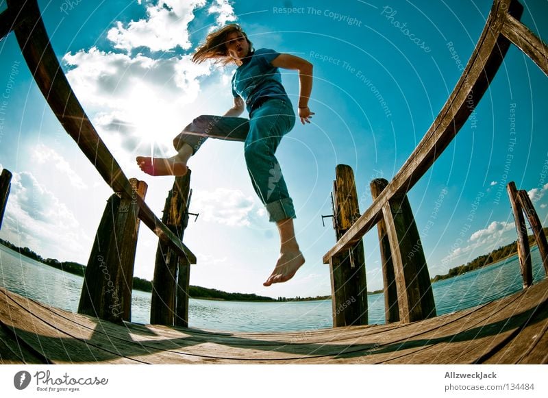 Jumps in the air (2) Lake Footbridge Man Masculine Dark Back-light Clouds Beautiful weather Summer Hot Swimming & Bathing Hop Fisheye Beginning Go up Joy