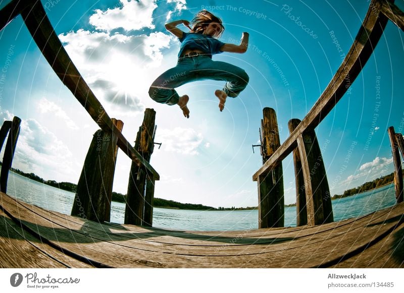 Jumps in the air (3) Lake Footbridge Man Masculine Dark Back-light Clouds Beautiful weather Summer Hot Swimming & Bathing Hop Fisheye Beginning Go up Joy