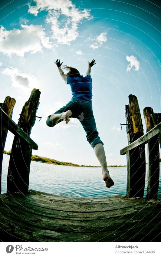 Jumps in the air (4) Lake Footbridge Man Masculine Dark Back-light Clouds Beautiful weather Summer Hot Swimming & Bathing Hop Fisheye Beginning Go up Joy