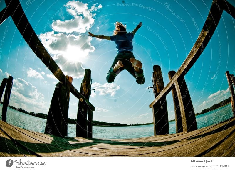 Jumps in the air (5) Lake Footbridge Man Masculine Dark Back-light Clouds Beautiful weather Summer Hot Swimming & Bathing Hop Fisheye Beginning Go up Joy