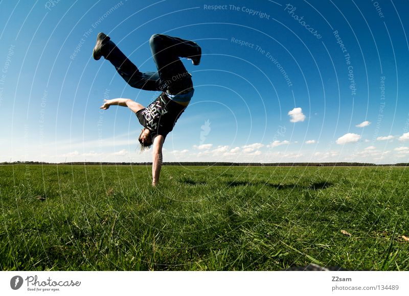 freakout sunday IV Handstand Relaxation Action April Baseball cap To enjoy Grass Green Light blue Man Masculine Cap Rest Sky Summer Sunday Jump Style White