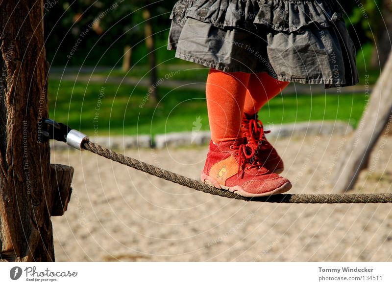 tightrope walker Child Toddler Girl Wirewalker Playground Kindergarten Playing Dress Red Sweet Summer Leisure and hobbies Tights Footwear Contentment Dexterity