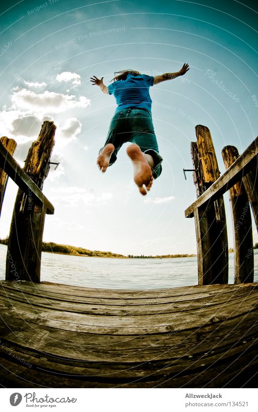 Jumping Jack Flash (1) Lake Footbridge Man Masculine Dark Back-light Clouds Beautiful weather Summer Hot Swimming & Bathing Hop Fisheye Beginning Go up Ecstasy