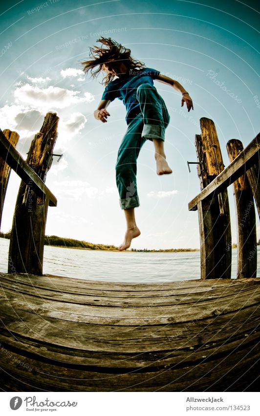 Jumping Jack Flash (3) Lake Footbridge Man Masculine Dark Back-light Clouds Beautiful weather Summer Hot Swimming & Bathing Hop Fisheye Beginning Go up Ecstasy