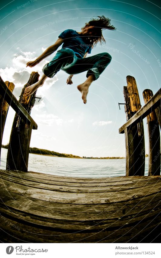 Jumping Jack Flash (4) Lake Footbridge Man Masculine Dark Back-light Clouds Beautiful weather Summer Hot Swimming & Bathing Hop Fisheye Beginning Go up Ecstasy