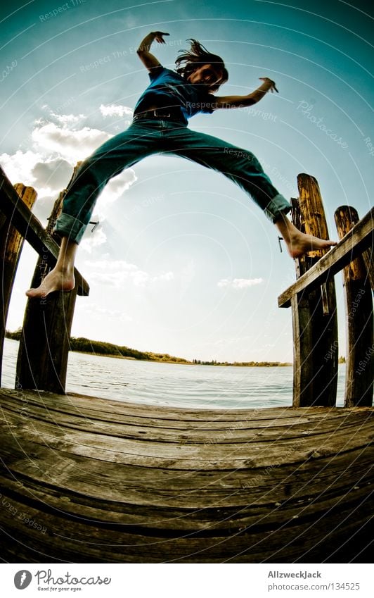 Jumping Jack Flash (5) Lake Footbridge Man Masculine Dark Back-light Clouds Beautiful weather Summer Hot Swimming & Bathing Hop Fisheye Beginning Go up Ecstasy