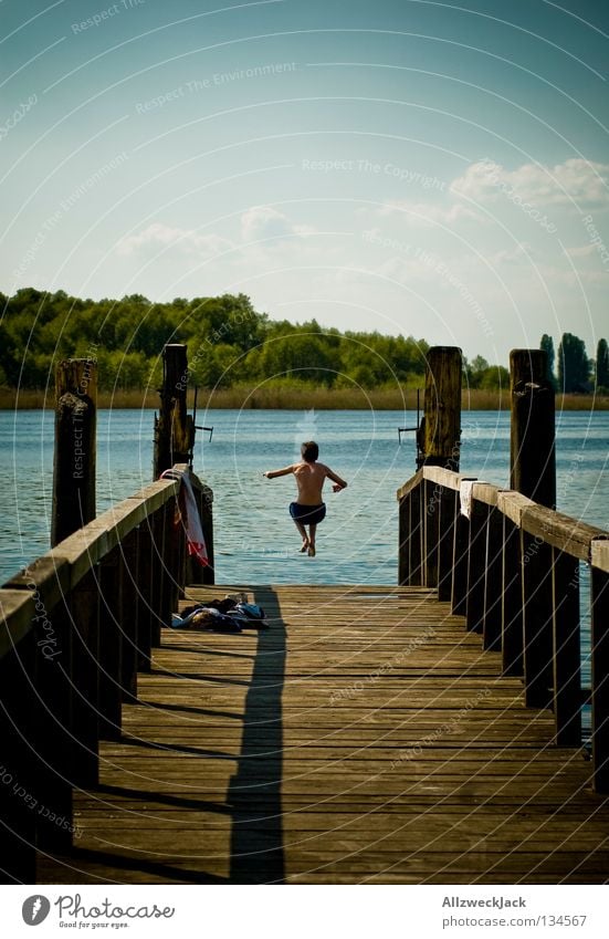 ass bomb Lake Footbridge Man Masculine Clouds Beautiful weather Summer Hot Swimming & Bathing Jump Hop Beginning Go up Ecstasy Energized Navigation Joy Water