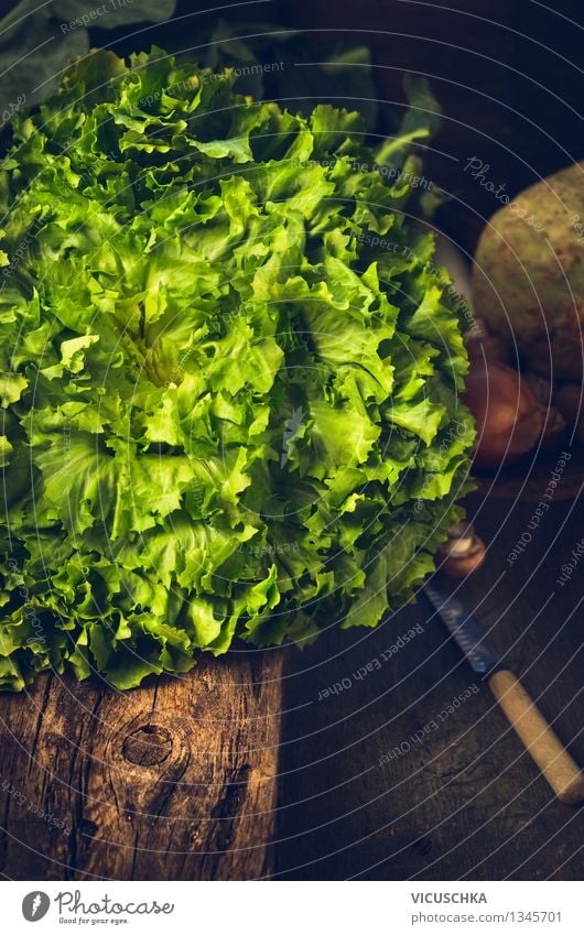 Fresh lettuce on a rustic kitchen table Food Vegetable Lettuce Salad Nutrition Lunch Organic produce Vegetarian diet Diet Knives Lifestyle Style Design