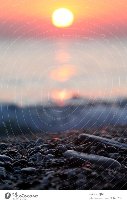 Summer night. Art Work of art Esthetic Sun Sunset Sunlight Sunbeam Sunbathing Beach Walk on the beach Gravel Gravel beach Ocean Mediterranean Mediterranean sea