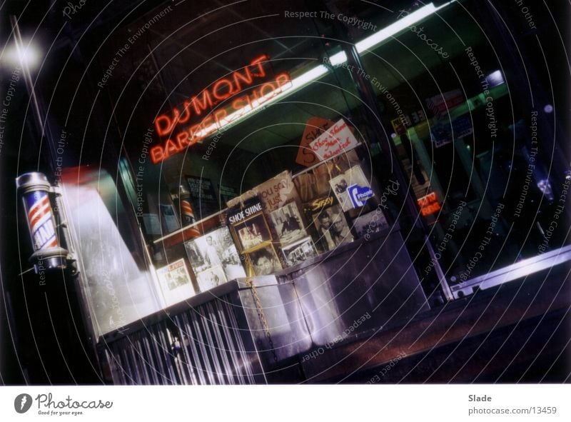 Dumont Barber Shop New York City Americas Shop window North America Hairdresser Barber shop Night Night shot Neon sign