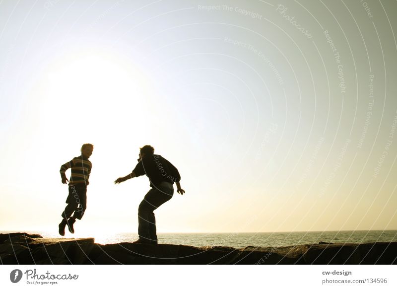 WE NEED ROOM TO DANCE. Jump Hop Funny Joy Moody Tree Tree trunk Brittle Ocean Lake Beach Sandy beach Aperture Dazzle Back-light Dark Black Multicoloured Light