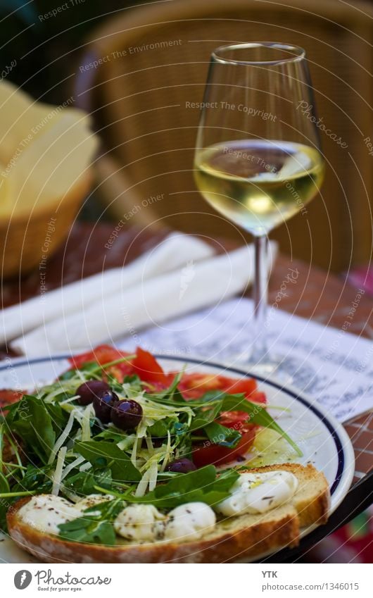 Bruschetta and Vernaccia Food Cheese Vegetable Lettuce Salad Bread Nutrition Dinner Organic produce Vegetarian diet Slow food Italian Food Beverage Drinking