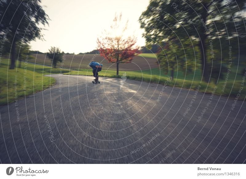 Afterwards Back 1 Human being Movement Downward Skateboard Aerodynamics Curve Asphalt Street Speed Blue Tree Nature Field Hill Joy Sports Coil Wide angle