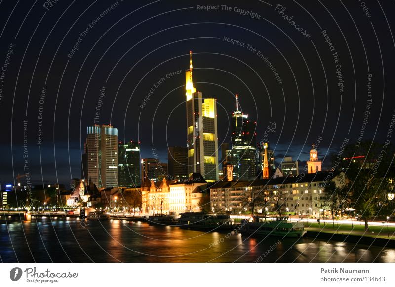 Skyline at night II Town Frankfurt Main Reflection High-rise Night Sunset Sunrise Light Long exposure city of stock exchanges mainhattan Water Street Metal