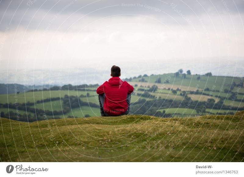 Keep your distance and enjoy peace and quiet tranquillity location Lonely Loneliness Meadow Sit Anonymous Rear view Far-off places Ireland Scotland red jacket