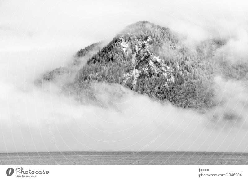 mountain of fog Nature Landscape Water Winter Fog Snow Alps Mountain Peak Snowcapped peak Cold Silver Calm Black & white photo Exterior shot Deserted