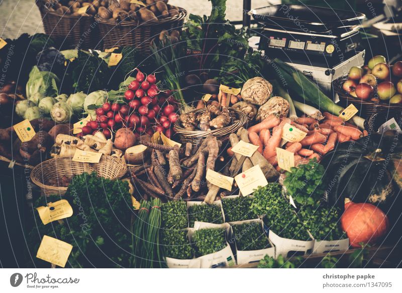 Various vegetables at market Organic produce Vegetable Fruit- or Vegetable stall Food Markets Market stall Lettuce Salad Parsley Carrot Crate Nutrition