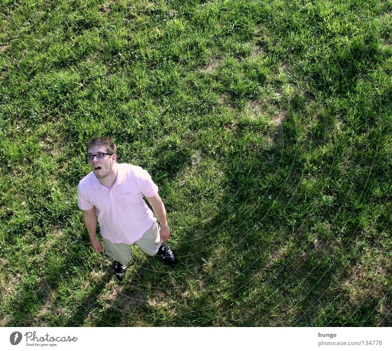 marcus videt Meadow Grass Tall Large Small Stand Looking Under Upper body Bird's-eye view Stupid Facial expression Crazy Doofus Loneliness Freak Boredom Man