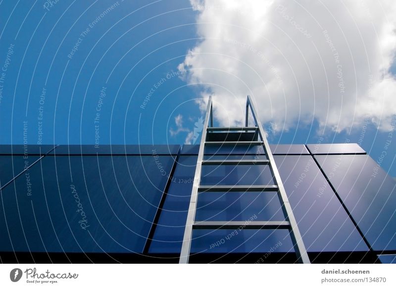 Career ladder 2 Clouds Go up Summer Sun Abstract White Cyan Roof Detail Success Stairs Ladder Sky Weather Blue Metal Architecture