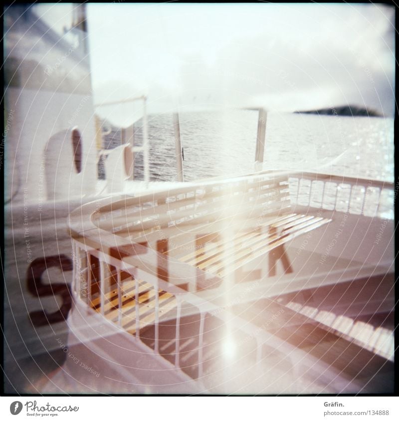 Alsterschippern Watercraft Driving 2 Medium format Holga Waves Railing Sunbeam Edge Clouds Beautiful weather Morning Footbridge Harbour Lomography Navigation