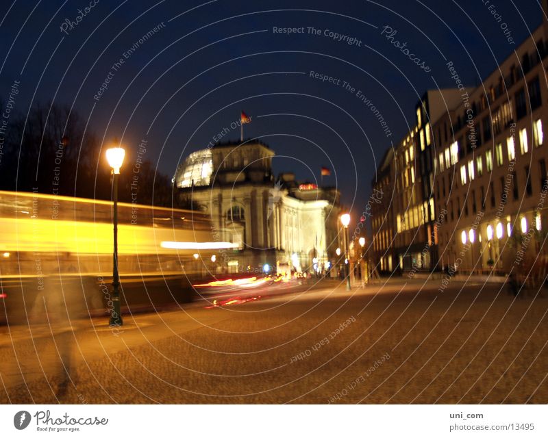 Berlin@night Transport Lantern Light Speed Night Architecture Reichstag Street Bus Movement People move