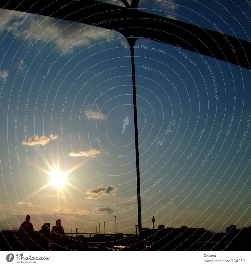 modern son Vantage point Evening Sunset Friedrichshain Relaxation Closing time Bridge Sky Human being Dusk Berlin Modersohn Bridge Modersohn Street evening beer