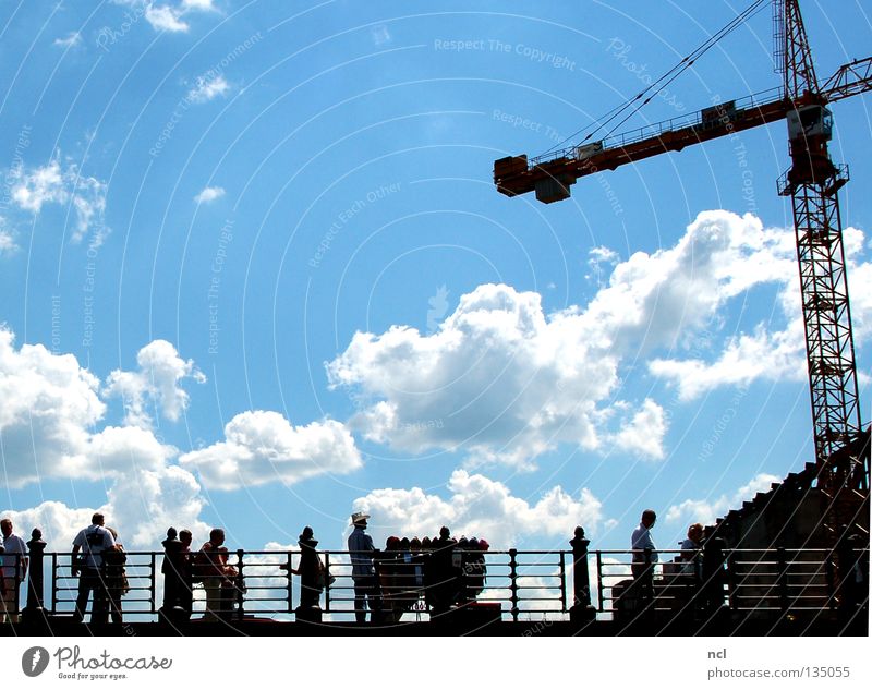 silhouette Sky Clouds Crane Human being Silhouette White Beautiful weather Lean Summer Group shears cut Blue Bridge Handrail Observe Looking Joy