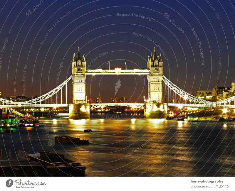 London Nights Tower Bridge England Great Britain Art Sightseeing Suspension bridge Steel Construction Reflection Dark Twilight Sunset Glittering Light Flow