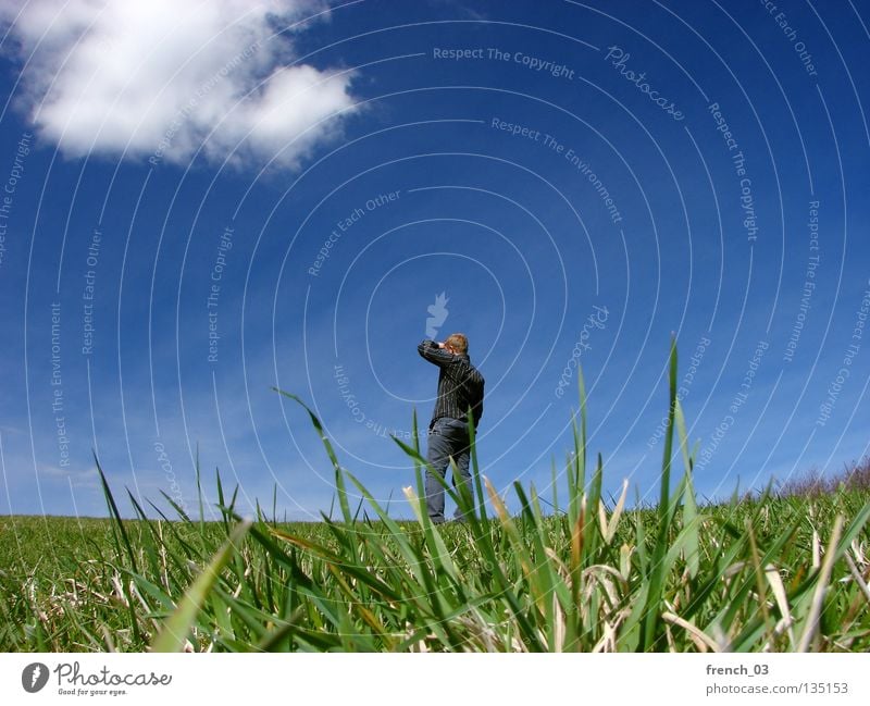 Outlook for Spring III Human being White Lake Think Faceless Masculine Hand Cyan Clouds Bad weather Worm's-eye view Grass Meadow Green Blade of grass Straw