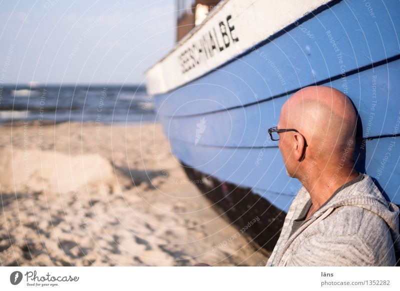 lake view Baltic Sea Watercraft Vacation & Travel Maritime Usedom Fishing boat Man Looking away Ocean Sideways glance Beach Sand Human being