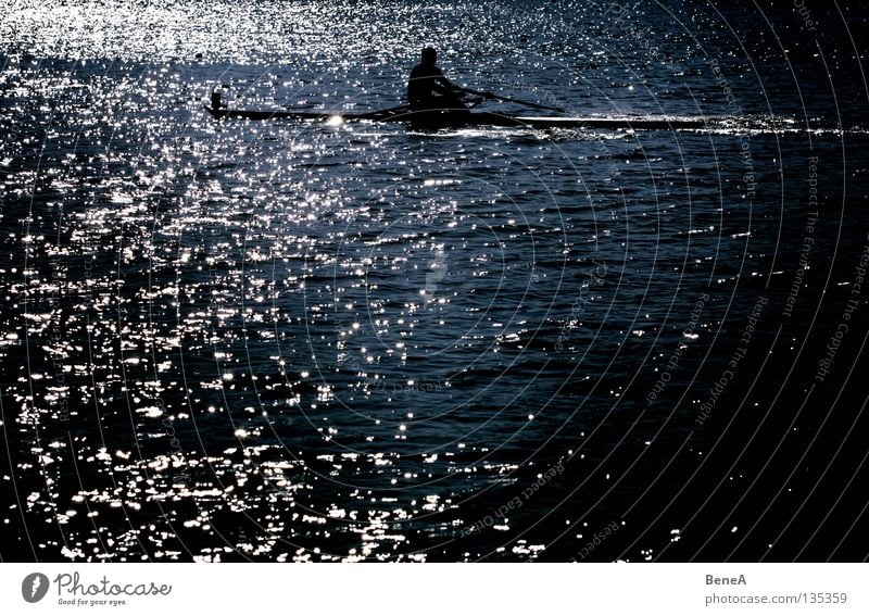 waterboy Rowing Rower Watercraft Lake Ocean Body of water Green Black White Dark Back-light Paddle Summer Refreshment Sports Aquatics Morning Sunlight Sunbeam